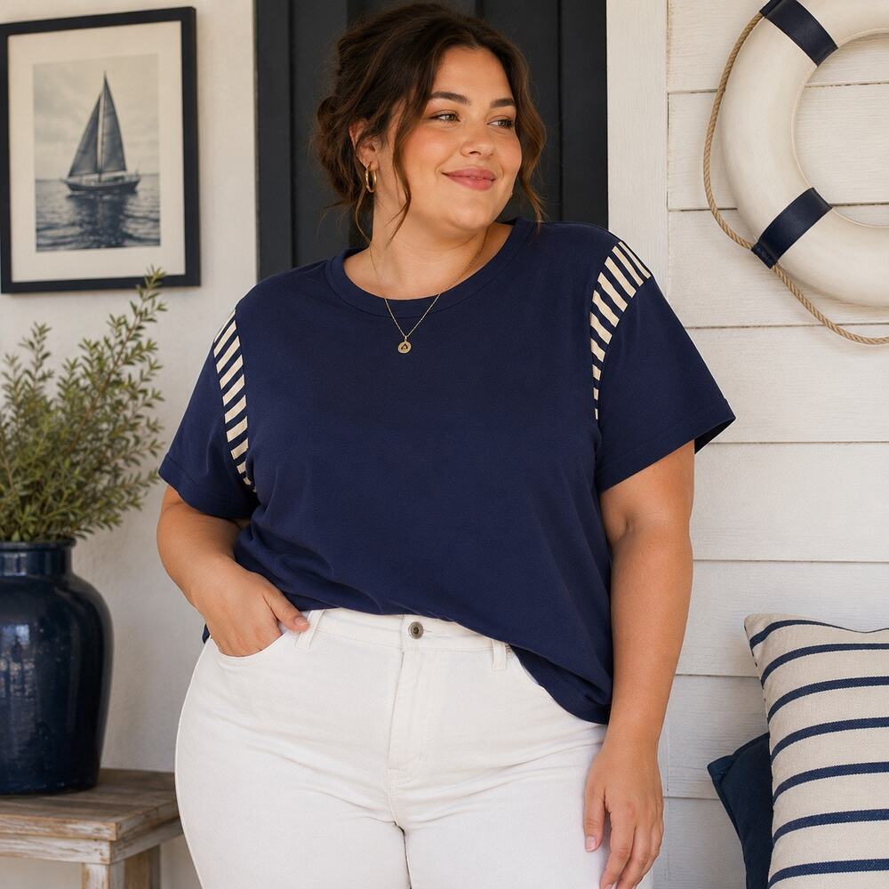 J Peterman Stripe Shoulder Womens Top Sx XXL Preppy Nautical Heavy Tee Coastal